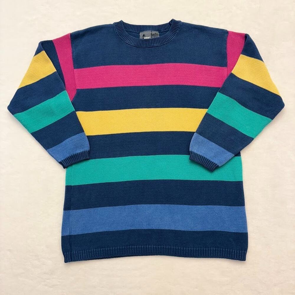 Vintage Liz & Co Navy Multi-Colored Striped Crewneck Sweater Size M